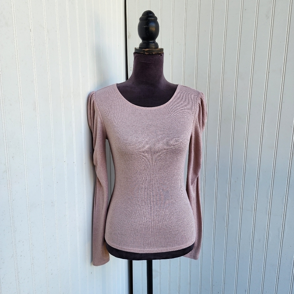 EXPRESS Puff Long Slv Ribbed Knit Tee shirt Blouse Top Stretch Metallic Blush XS
